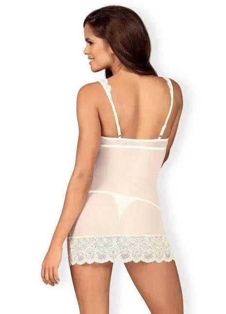 853-CHE-2 Chemise white sheer chemise with thin straps, an open back, and a wide scalloped lace hem