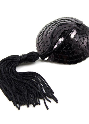 Self Adhesive Heart Sequin Nipple Cover with Tassel Black