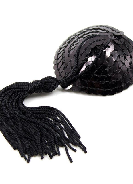 Self Adhesive Heart Sequin Nipple Cover with Tassel Black