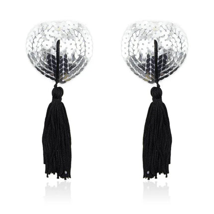 Self-Adhesive Heart Sequin Nipple Cover with Tassel Silver/Black