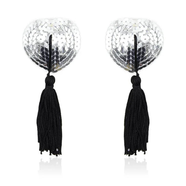 Self-Adhesive Heart Sequin Nipple Cover with Tassel Silver/Black