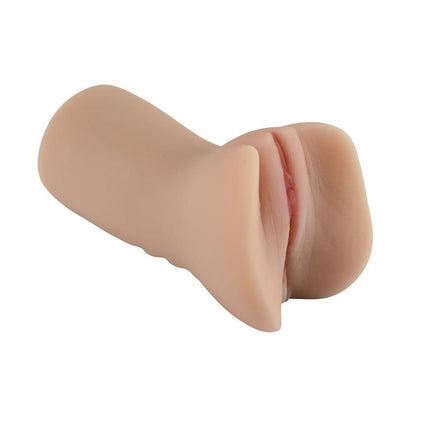 Male masturbator with vaginal opening and textured tunnel made of medical TPR