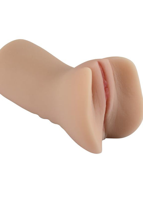 Male masturbator with vaginal opening and textured tunnel made of medical TPR
