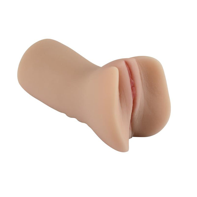 Male masturbator with vaginal opening and textured tunnel made of medical TPR