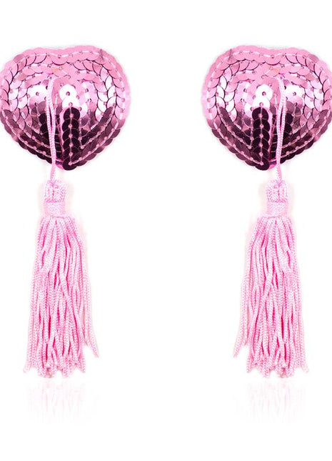 Self Adhesive Heart Sequin Nipple Cover with Tassel Pink