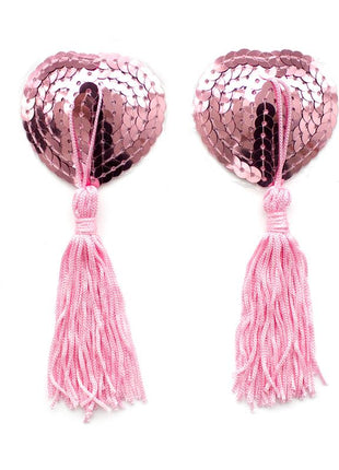 Self Adhesive Heart Sequin Nipple Cover with Tassel Pink