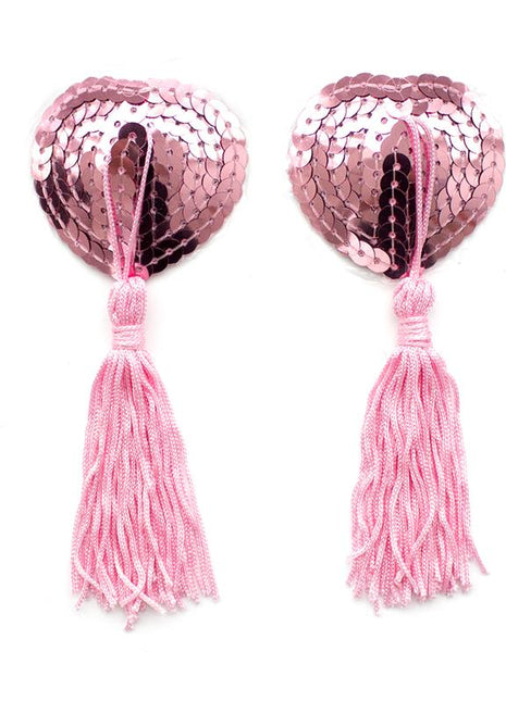 Self Adhesive Heart Sequin Nipple Cover with Tassel Pink