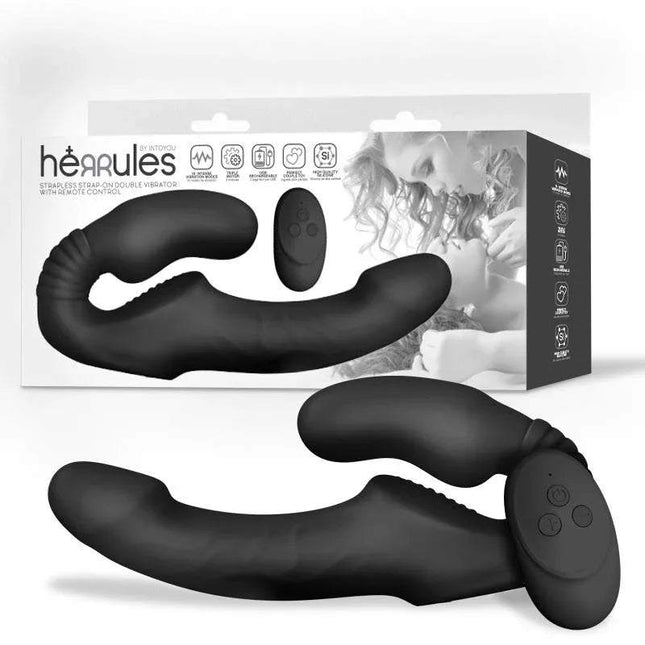 Strapless strapon double vibrator with remote control in premium silicone for hands-free couples play