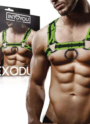 Glow in the Dark vegan leather bondage chest harness with adjustable buckles and nickel-free metal rings