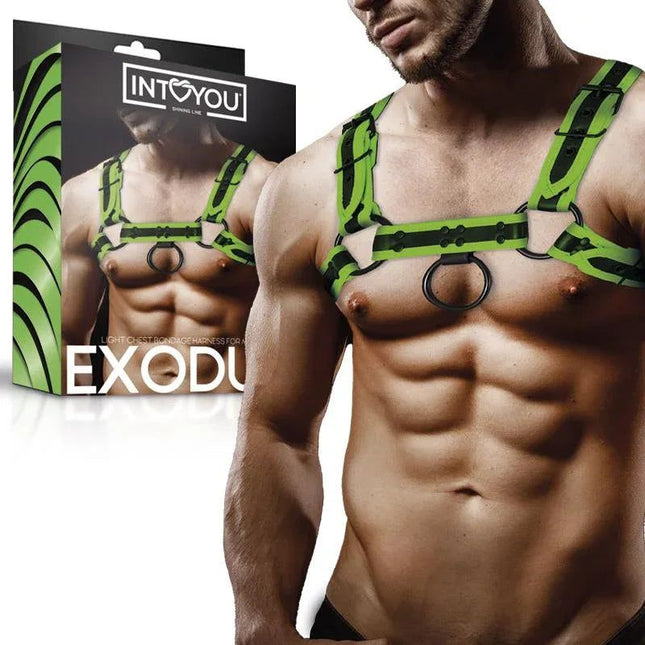 Glow in the Dark vegan leather bondage chest harness with adjustable buckles and nickel-free metal rings