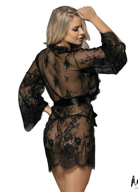 Lucy Semi Transparent Peignoir and Thong Black