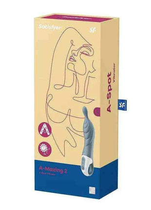 A-Mazing 2 Stimulator in grey silicone shown on tan and blue retail packaging with a sculpted curved design