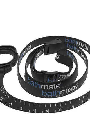 Accessory Shower Strap in black flexible material with blue and white branding, measurement markings, and an adjustable buckle
