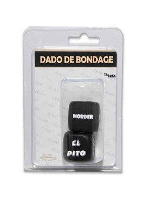 Action Dice and Dice Set with two black dice featuring white Spanish text, packaged in a clear plastic blister