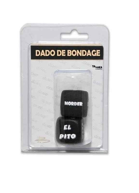 Action Dice and Dice Set with two black dice featuring white Spanish text, packaged in a clear plastic blister