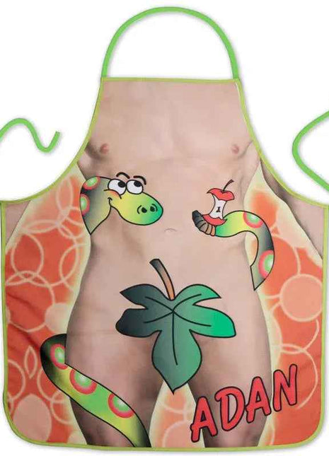 Adan Apron with a humorous nude torso print, green-trimmed edges, orange patterned sides, cartoon animals and lettering