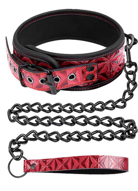 Adjustable Collar With Leash in red and black vegan leather, featuring a diamond pattern, metal eyelets, buckle and chain leash.