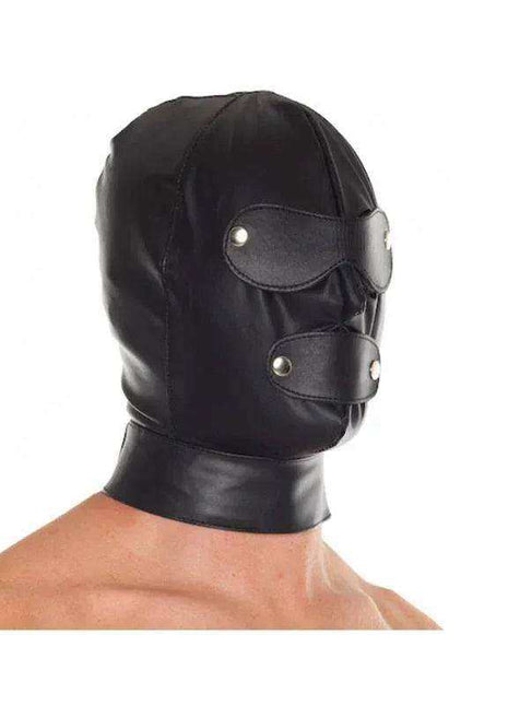Adjustable Hood in black leather with a full head-and-neck fit, featuring overlapping eye and mouth flaps secured by metal studs