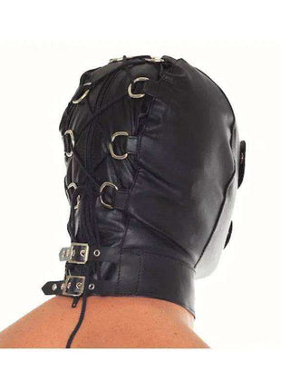 Adjustable Hood in black leather with metal ring fasteners and buckled straps covering the head and neck