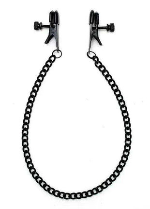 Adjustable nipple clamps in black metal with screw-adjusted jaws and a linked chain connecting the pair
