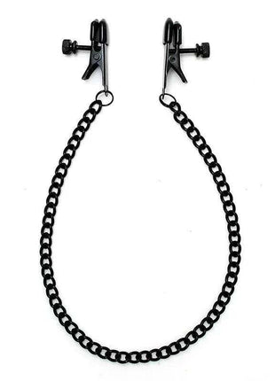 Adjustable nipple clamps in black metal with screw-adjusted jaws and a long connecting chain of rounded links