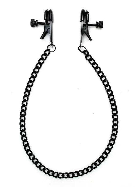 Adjustable nipple clamps in black metal with screw-adjusted jaws and a long connecting chain of rounded links