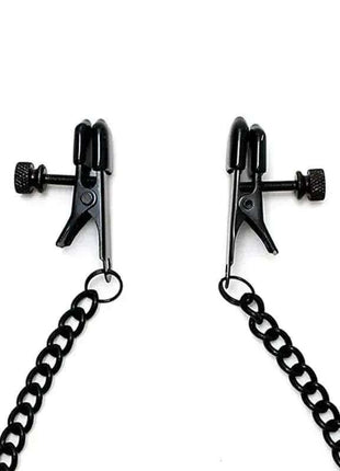 Adjustable nipple clamps with black metal clip bodies, rubber tips, knurled pressure screws and connecting chain