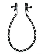 Adjustable nipple clamps with a black metal chain, screw-adjustable jaws and black protective tips.