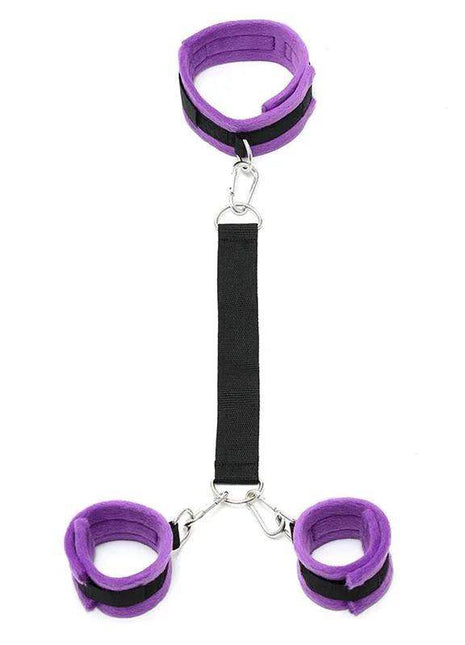 Adjustable purple handcuffs to collar with leash accessory