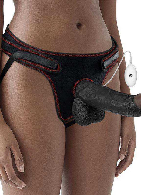 Adjustable Strap on harness in black with red stitching, adjustable waist straps, and a textured black dildo with wired controller
