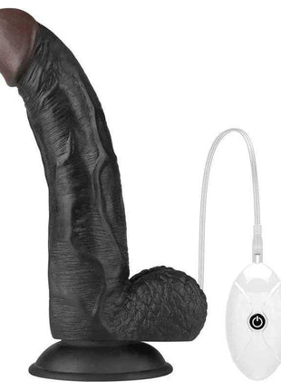 Adjustable Strap on with black textured dildo, rounded suction-cup base, and attached white wired control