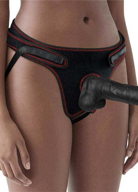 Adjustable Strapon with Dildo 7.5 featuring a black harness with red stitching and a textured black dildo with rounded tip