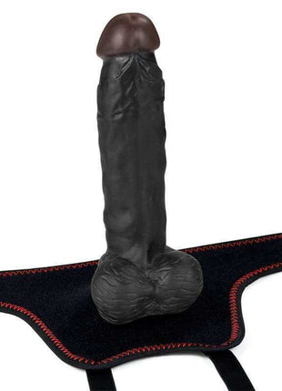 Adjustable Strapon with Dildo 7.5 featuring a black fabric harness with red stitching and a dark realistic dildo