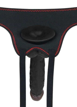 Adjustable Strapon with Dildo 7.5 featuring a black harness with red contrast stitching and a textured black dildo