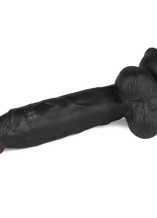 Adjustable Strapon with Dildo 7.5, black realistic dildo with textured shaft, rounded brown tip and flared base