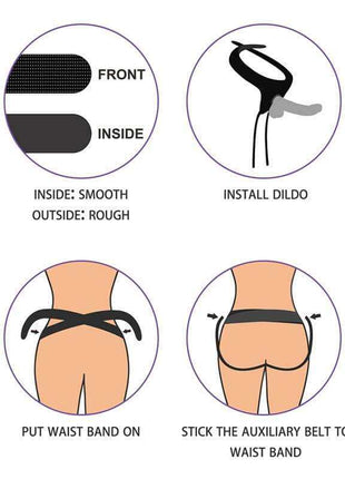 Adjustable Strapon with Dildo 7.5 harness diagram showing a rough exterior, smooth interior, dildo installation and adjustable waist straps