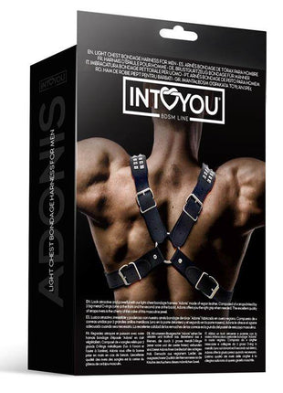Adonis Chest Bondage Harness in black vegan leather with an adjustable X-shaped strap design and metal buckles