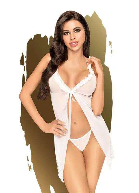 After Sunset Chemise White sheer white lingerie set with lace-trimmed cups, front tie, long open panels, and matching briefs