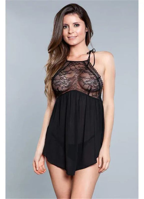 Elegant black Alana Babydoll with lace accents and adjustable straps showcasing soft, breathable fabric and flattering fit for romantic evenings or lounging.