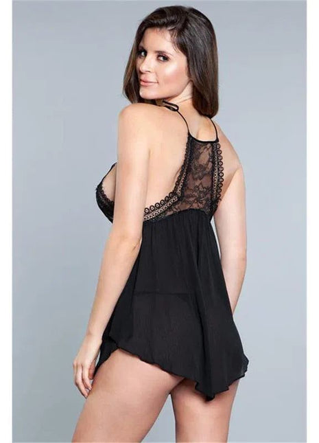 Elegant Alana Babydoll Black lingerie with lace accents and adjustable straps for a flattering fit