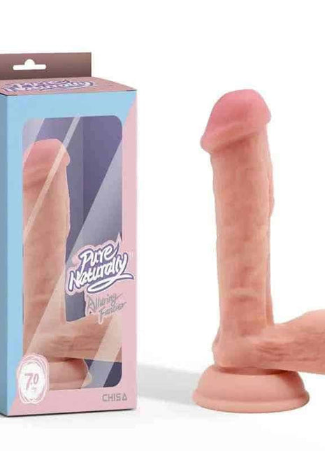 Alluring Fancier Liquid Silicone realistic dildo in peach-toned silicone, with a veined shaft, defined head and flared base