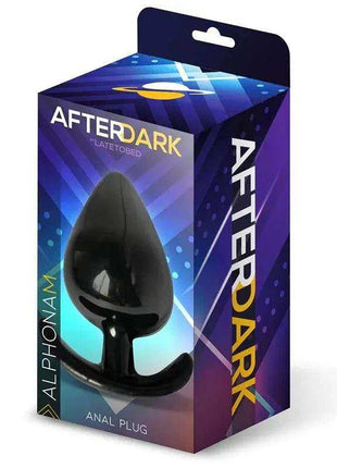 Alphona M Butt Plug in glossy black silicone with a tapered teardrop shape and wide flared safety base, shown in branded box