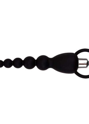 Anal Chain Elite Power black silicone vibrator with graduated rounded beads and a loop handle at the end.
