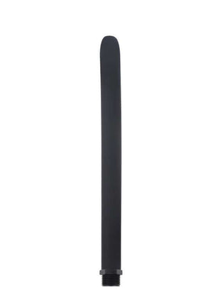 Anal douche tube in matte black smooth plastic, with a slim elongated body, rounded tip and threaded base.