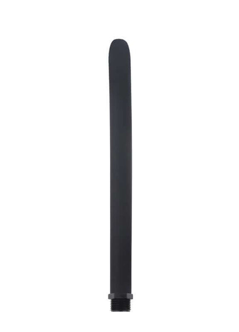 Anal douche tube in matte black smooth plastic, with a slim elongated body, rounded tip and threaded base.
