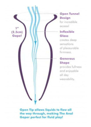 Anal Gaper Large Clear diagram of a purple glass toy with an open tunnel, generous shape and open tip