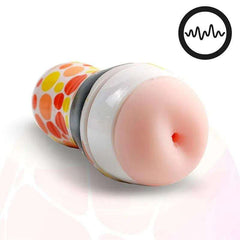 Anal Masturbator with Vibration featuring a peach-toned silicone opening, white casing and bright orange and yellow dots