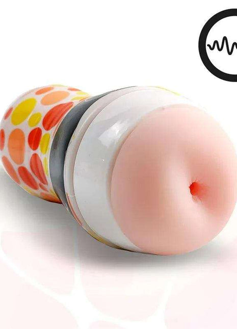 Anal Masturbator with Vibration featuring a peach-toned silicone opening, white casing and bright orange and yellow dots