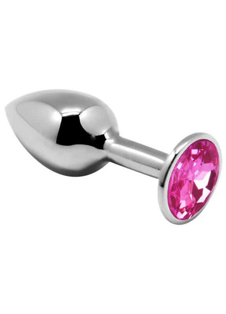Anal Plug with Pink Jewel featuring a polished silver-tone metal body, tapered shape, and large faceted pink jewel base