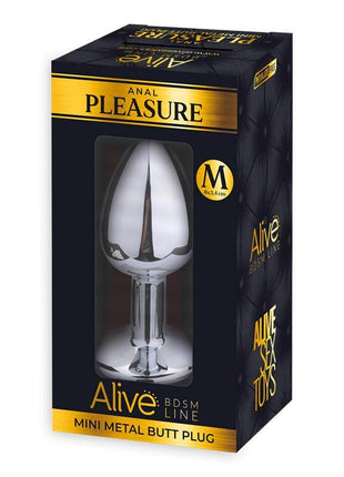 Anal Plug with Pink Jewel in polished silver-tone metal, featuring a smooth teardrop-shaped top and narrow stem